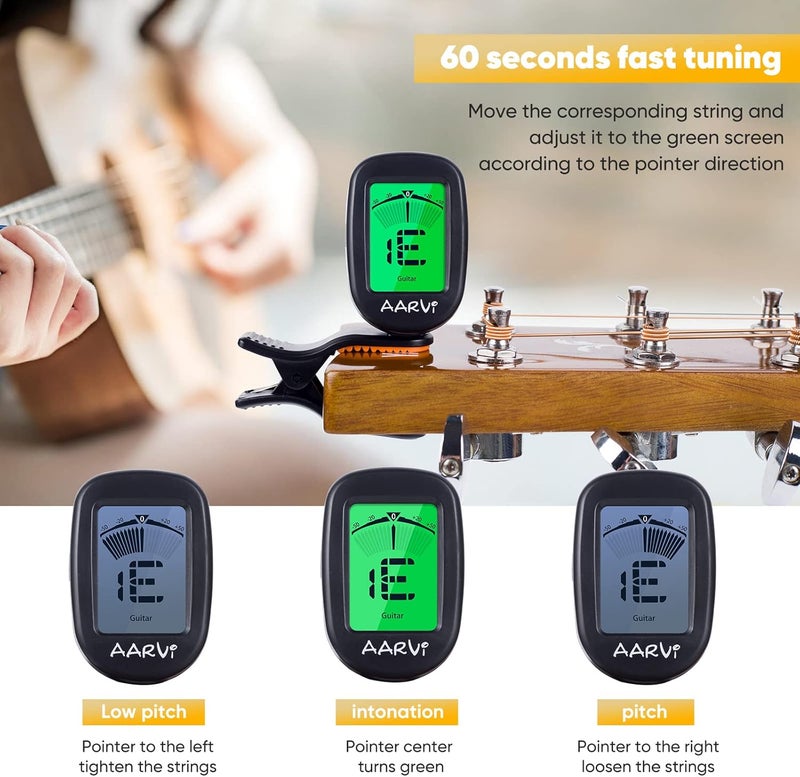 Aarvi Guitar Tuner, Clip-On Digital Chromatic Tuner for Acoustic & Electric Instruments, 10 Pack with 40 Guitar Picks - Image 4